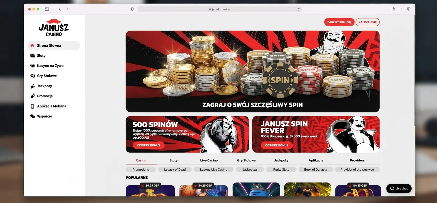 Wizualizacja bonusu 100% i free spinów w Janusz Casino